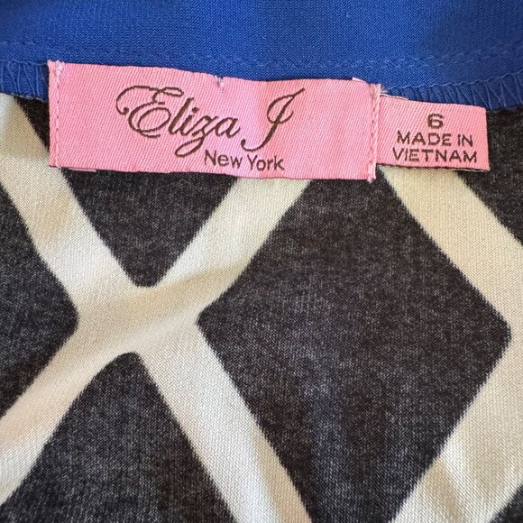 Eliza J Black White Blue Diamond Geometric Print Sheath Dress Blue Sz 6 Career - Picture 3 of 5